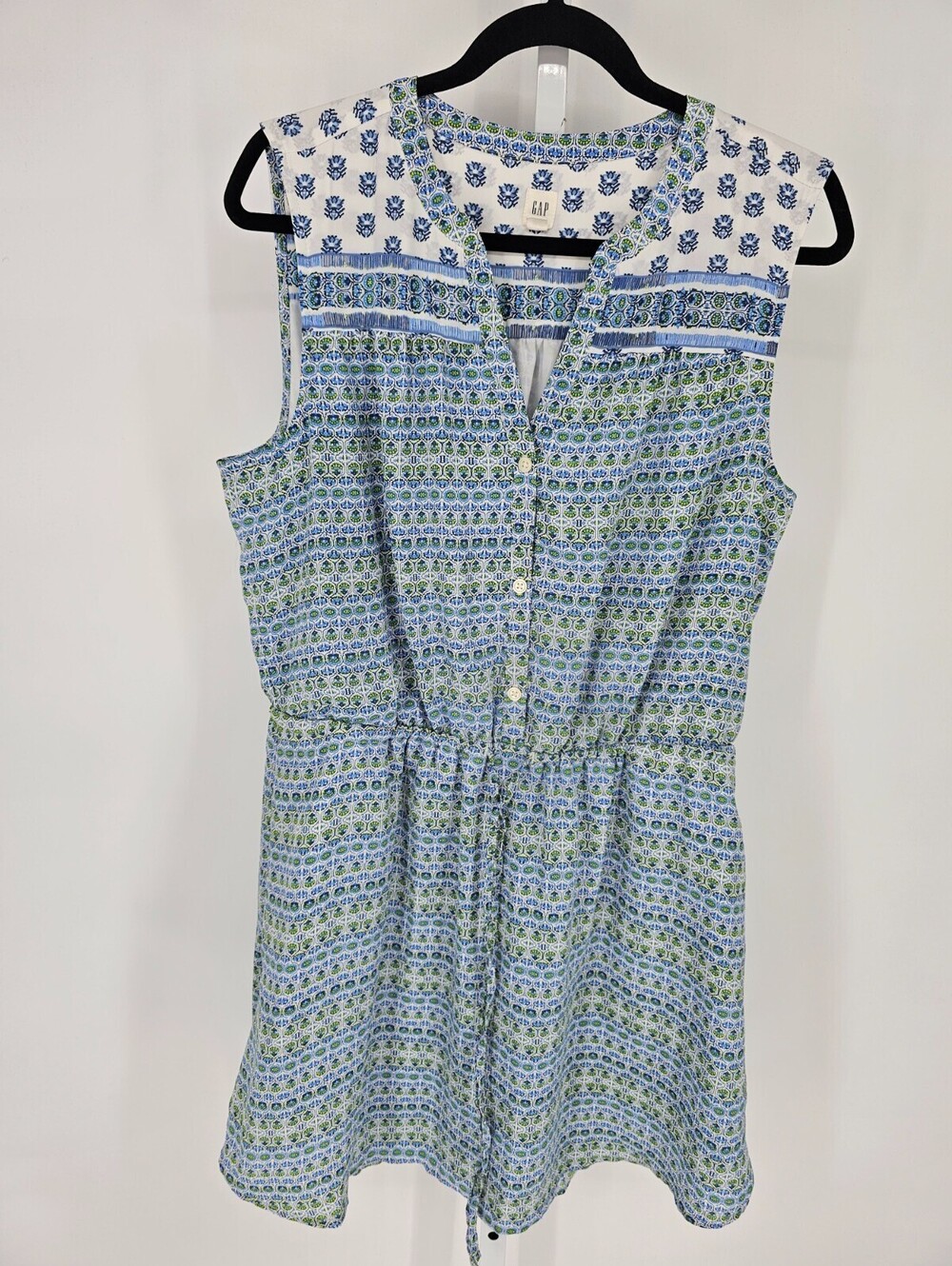 Gap Womens Sz L Knee Length Sleeveless Summer Dress Blue Floral Tie Waist